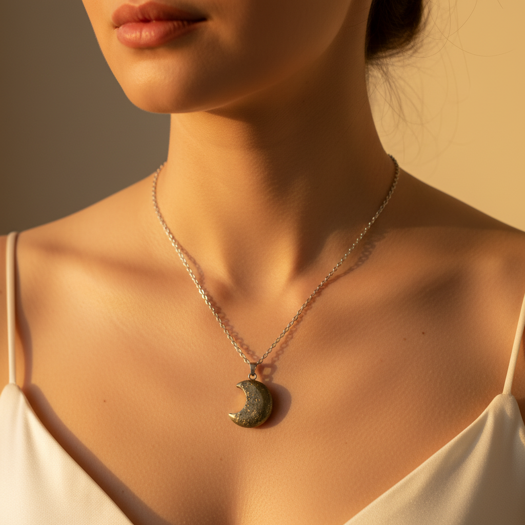 Collana Luna Pirite indossata - luce dorata