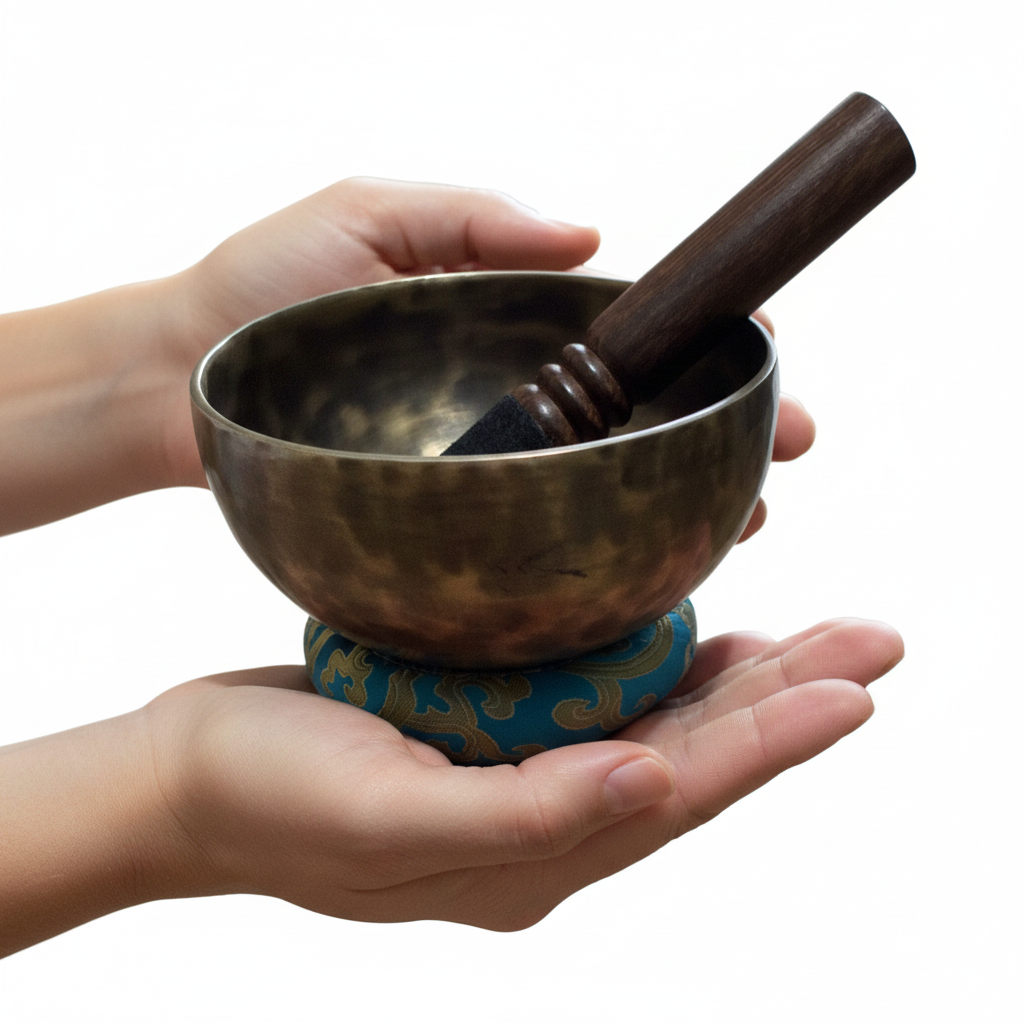Campana tibetana scura - mano che tiene la campana