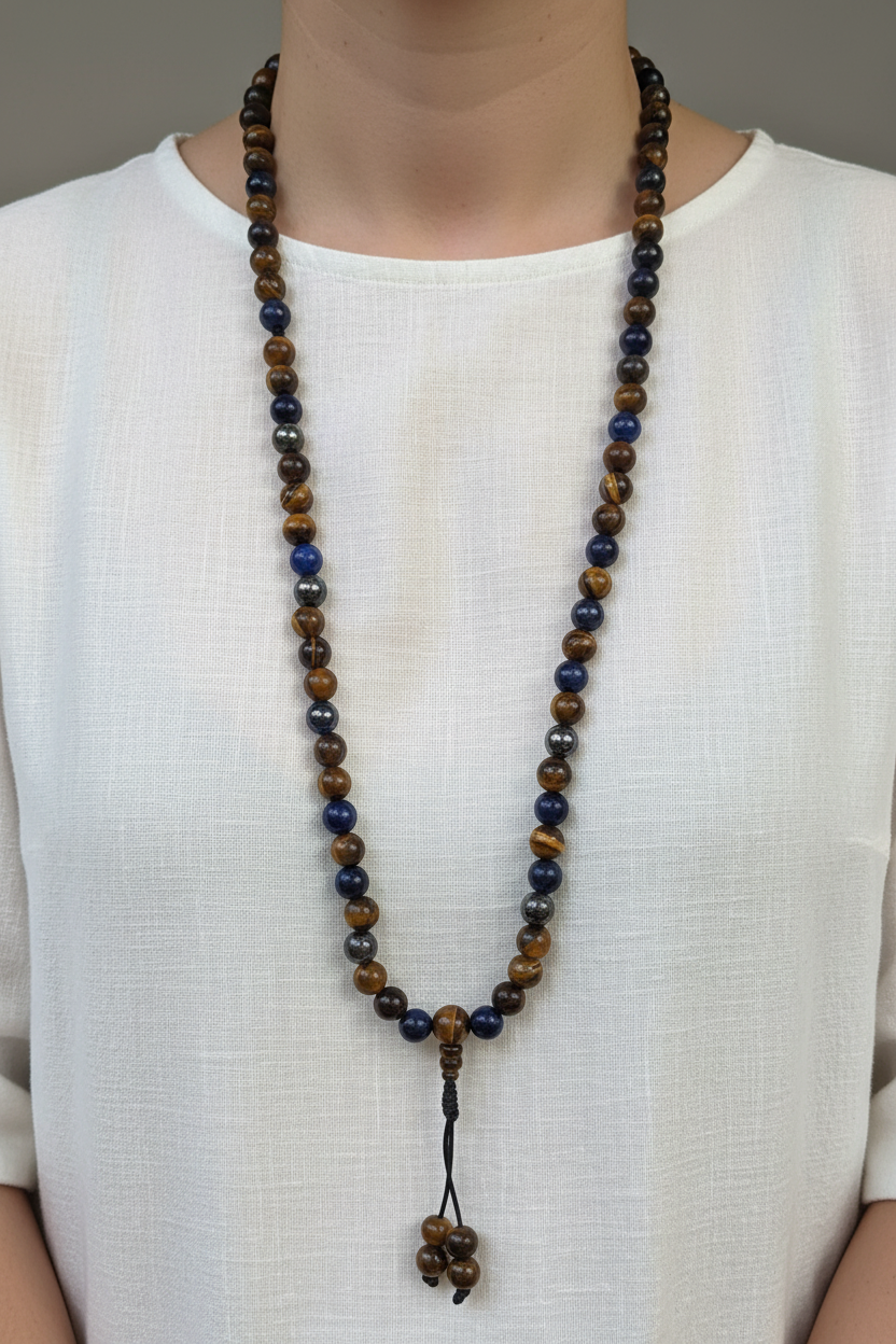Japamala ematite sodalite occhio di tigre - indossato collana lunga