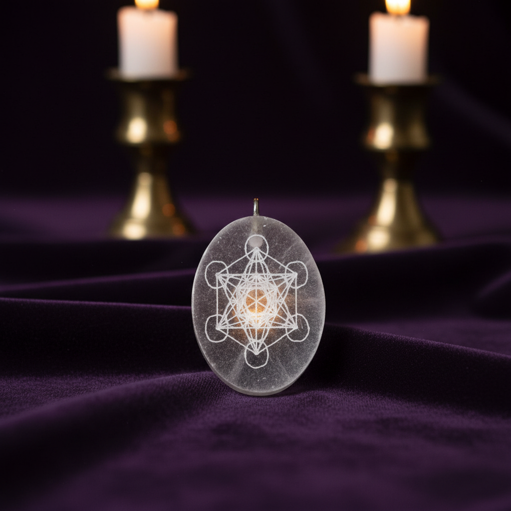 Collana selenite Metatron su velluto scuro atmosfera mistica