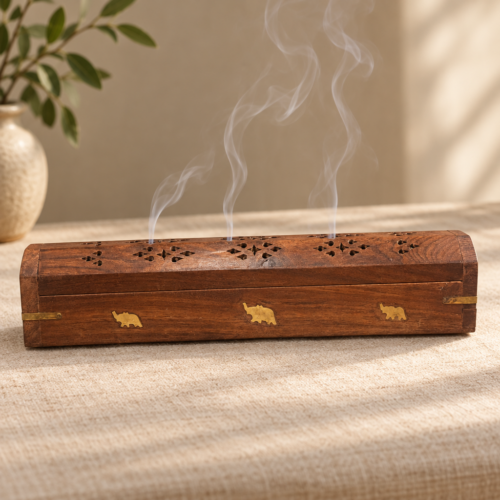 Porta incenso in legno utilizzato con bastoncino e fumo diffuso dal coperchio