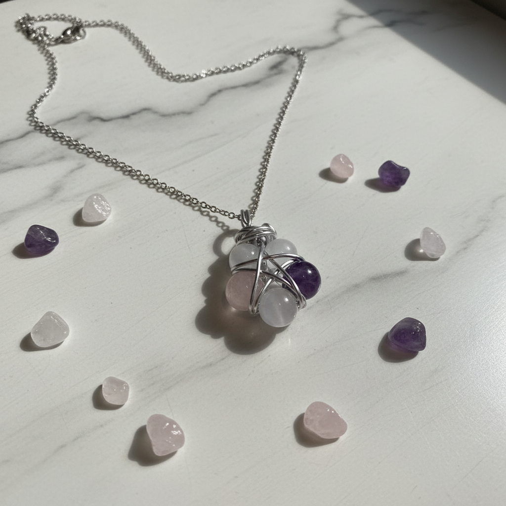 Collana pentacolo wire wrapping flat lay su marmo bianco