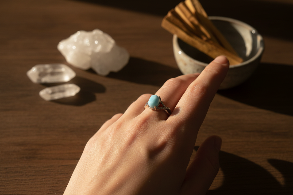 Anello larimar indossato - stile spirituale