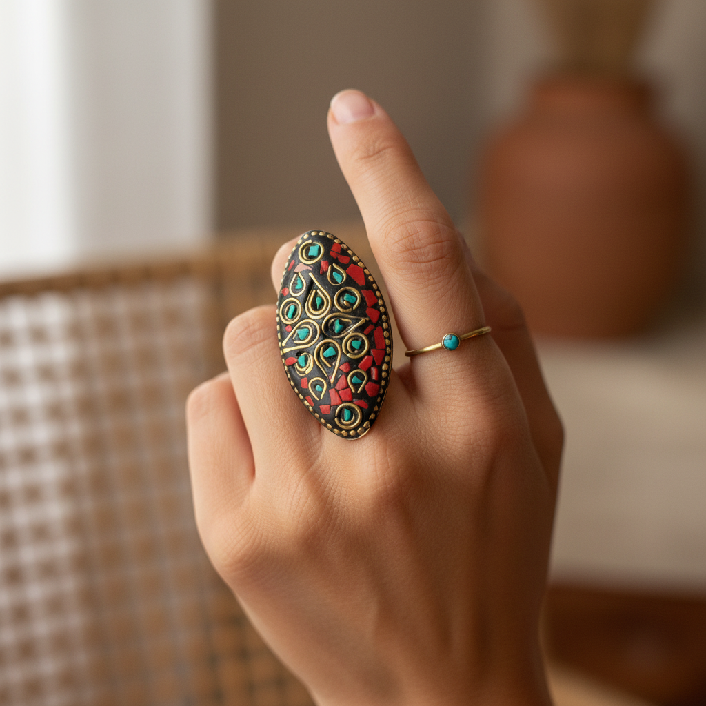 Anello gocce malachite corallo - indossata sulla mano