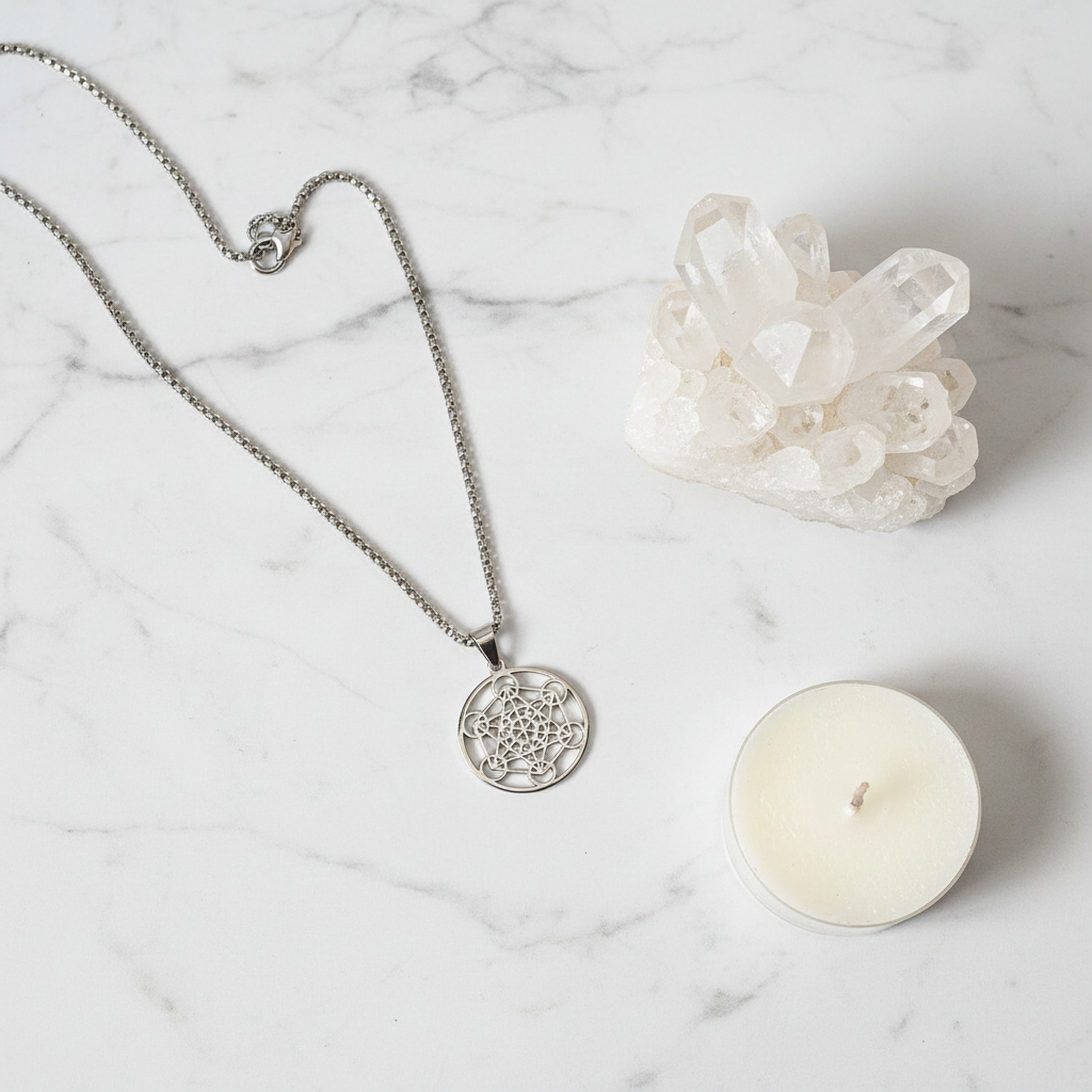 Collana Metatron flat lay con quarzo e candela su marmo