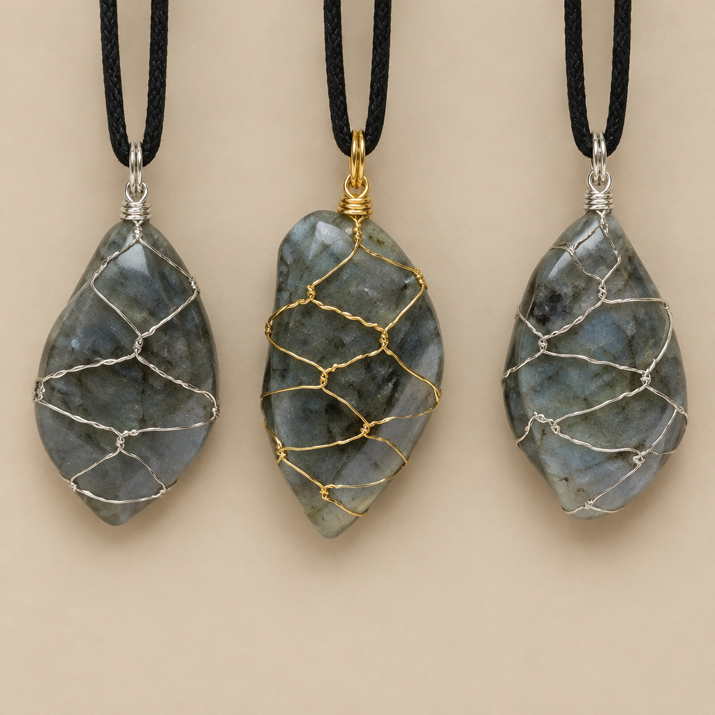 Collane Fiamma in labradorite su fondo beige
