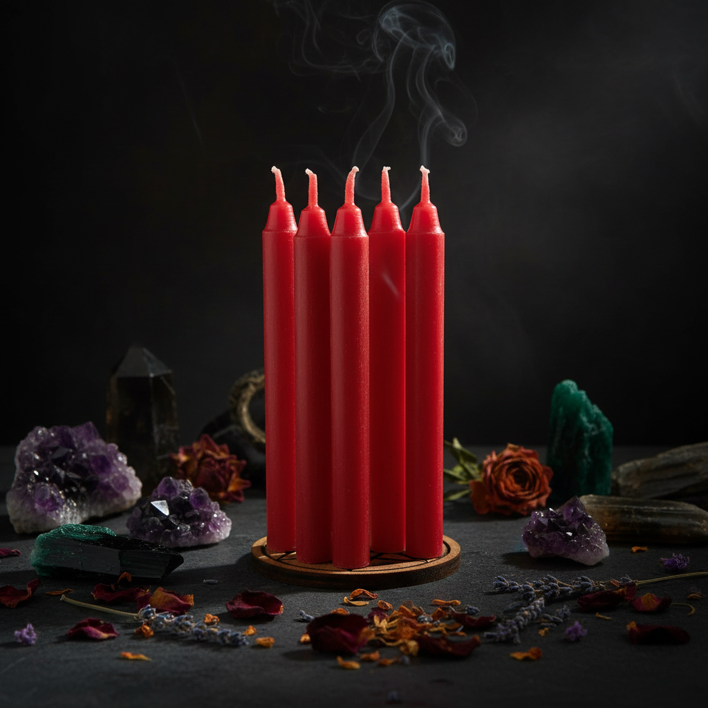 5 candele rosse per rituali su altare mistico