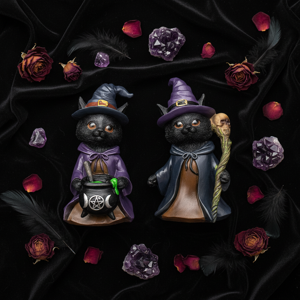 Statuina gatto strega - duo su velluto nero con cristalli