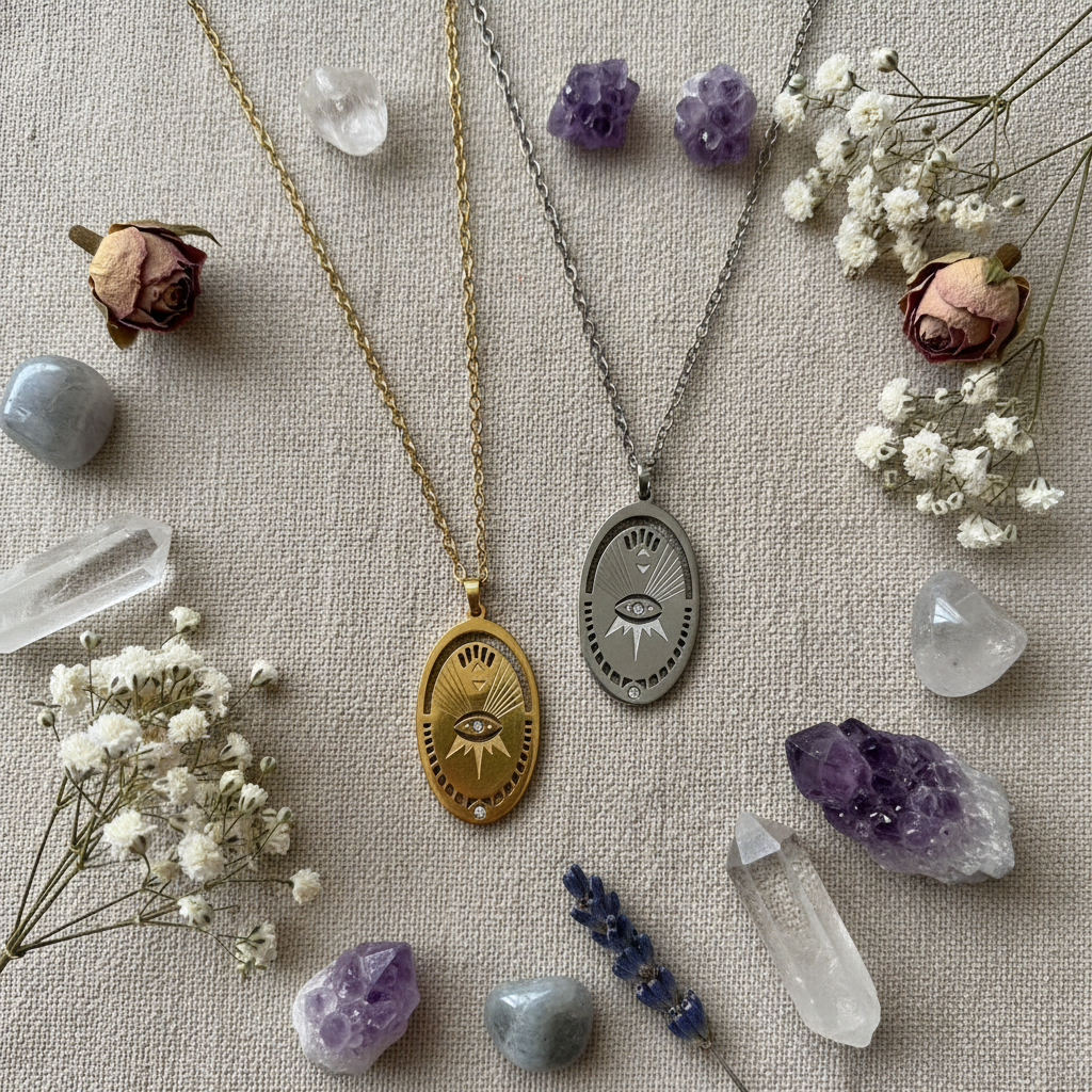 Collana Evil Eye gold e silver - composizione con fiori e cristalli