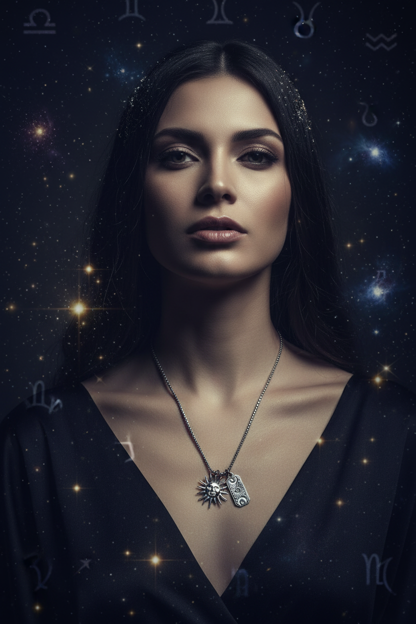 Collana Sole e Luna Tarocchi indossata - editorial fashion esoterico
