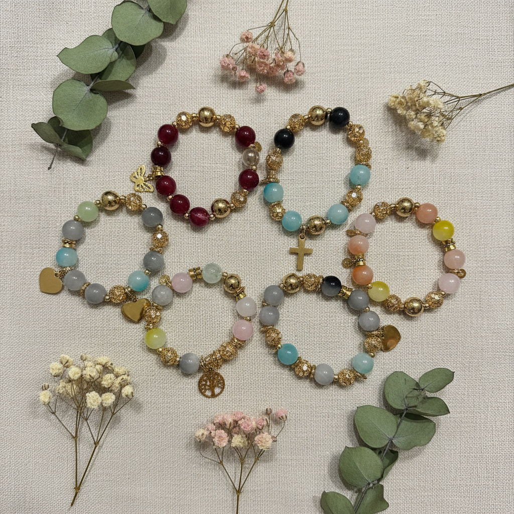 Bracciali perline e acciaio inox su lino con fiori secchi