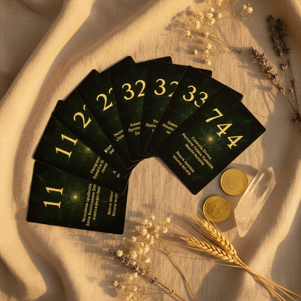Mazzo Messaggi Numerici - flatlay lino con carte a ventaglio