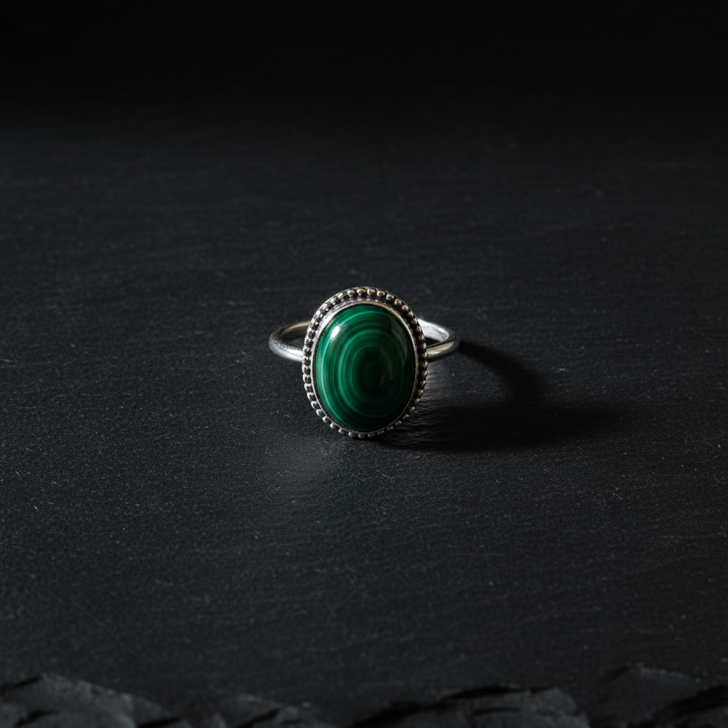 Anello malachite flatlay ardesia nera