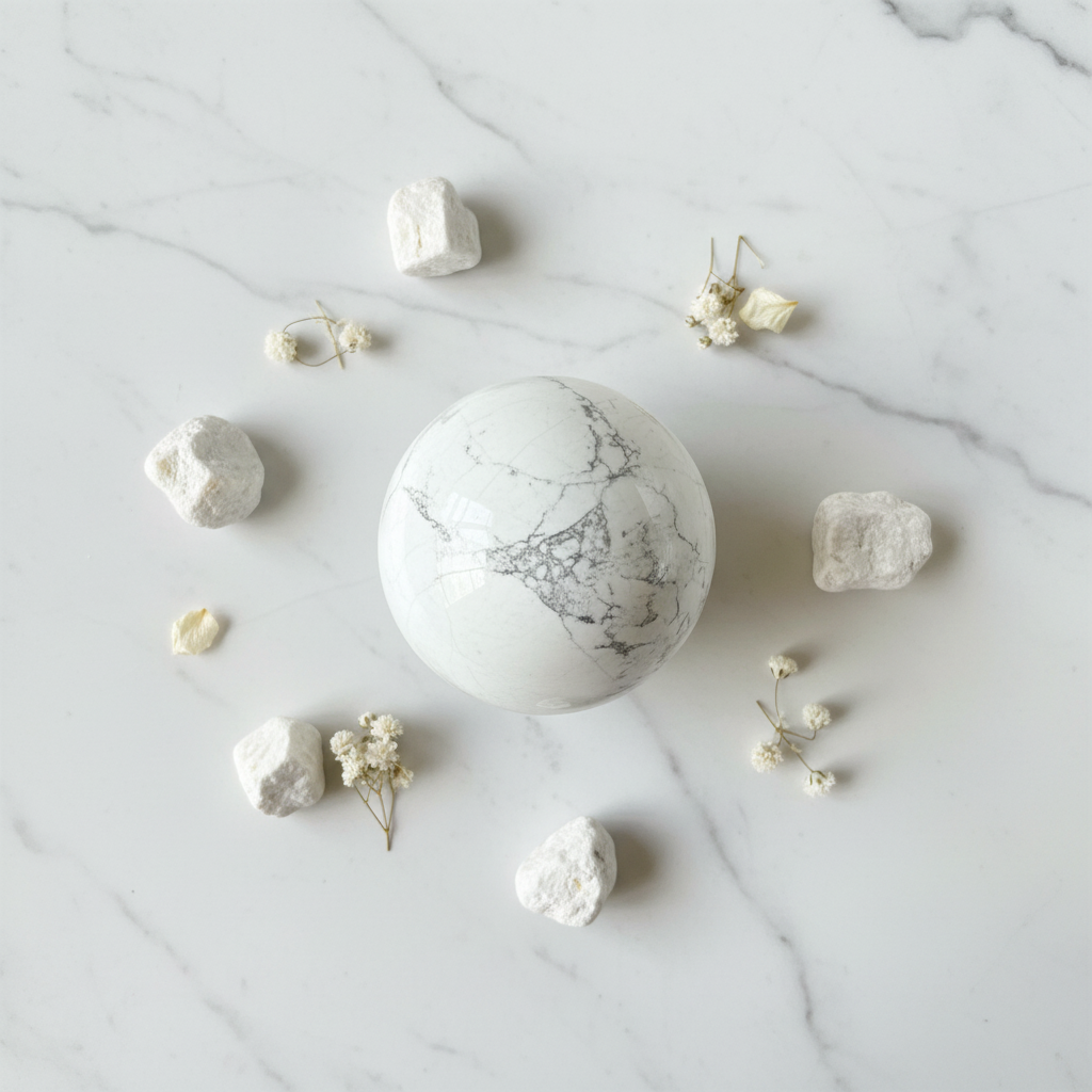 Sfera Howlite flat lay marmo con howlite grezza e fiori bianchi
