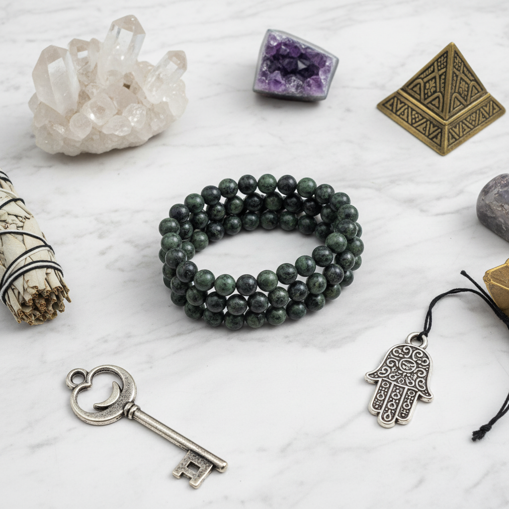 Bracciale Diaspro Kambaba 8mm - flat lay con cristalli