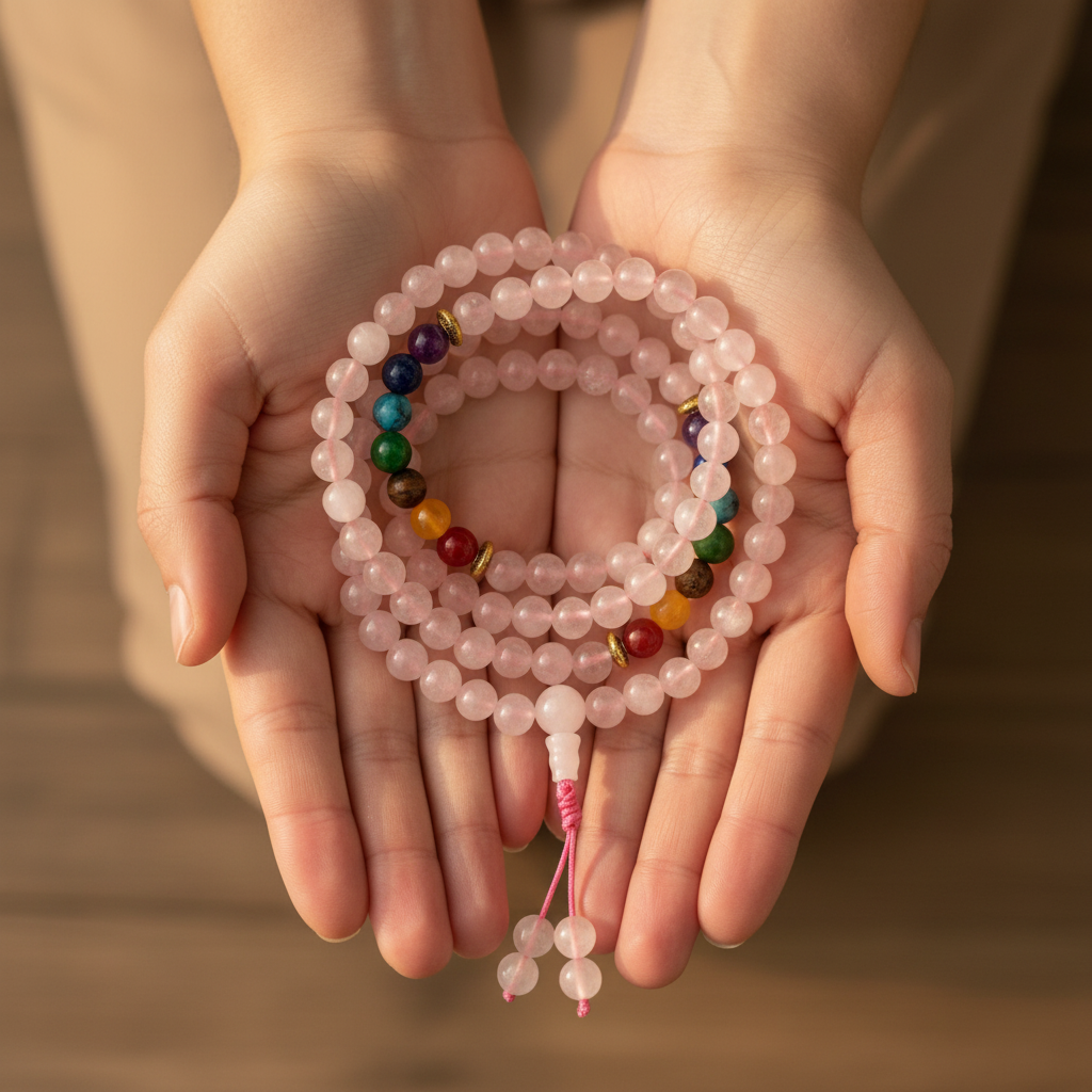 Japamala 7 chakra quarzo rosa tenuto in mani aperte
