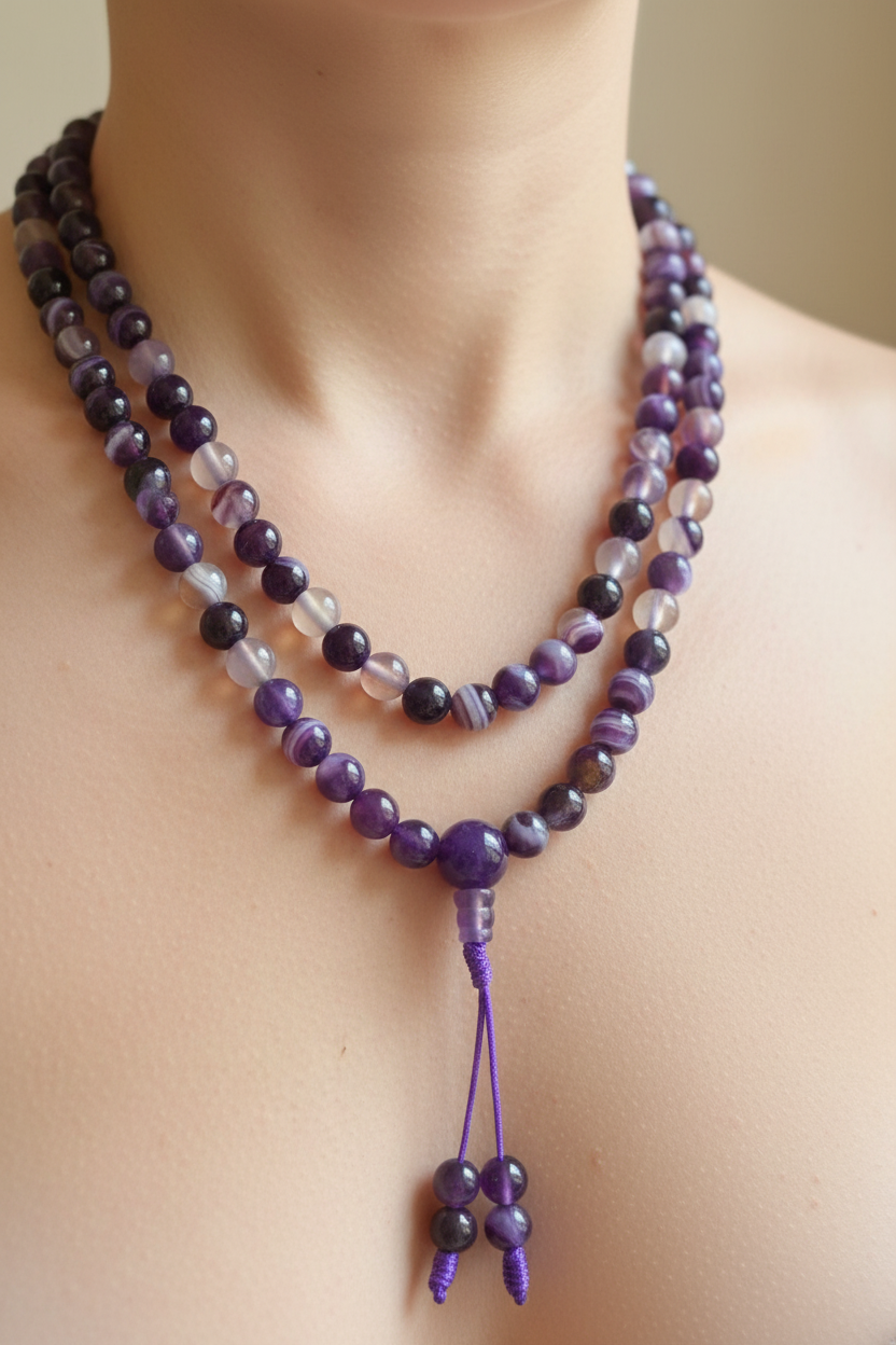 Japamala agata viola - indossato collana lunga
