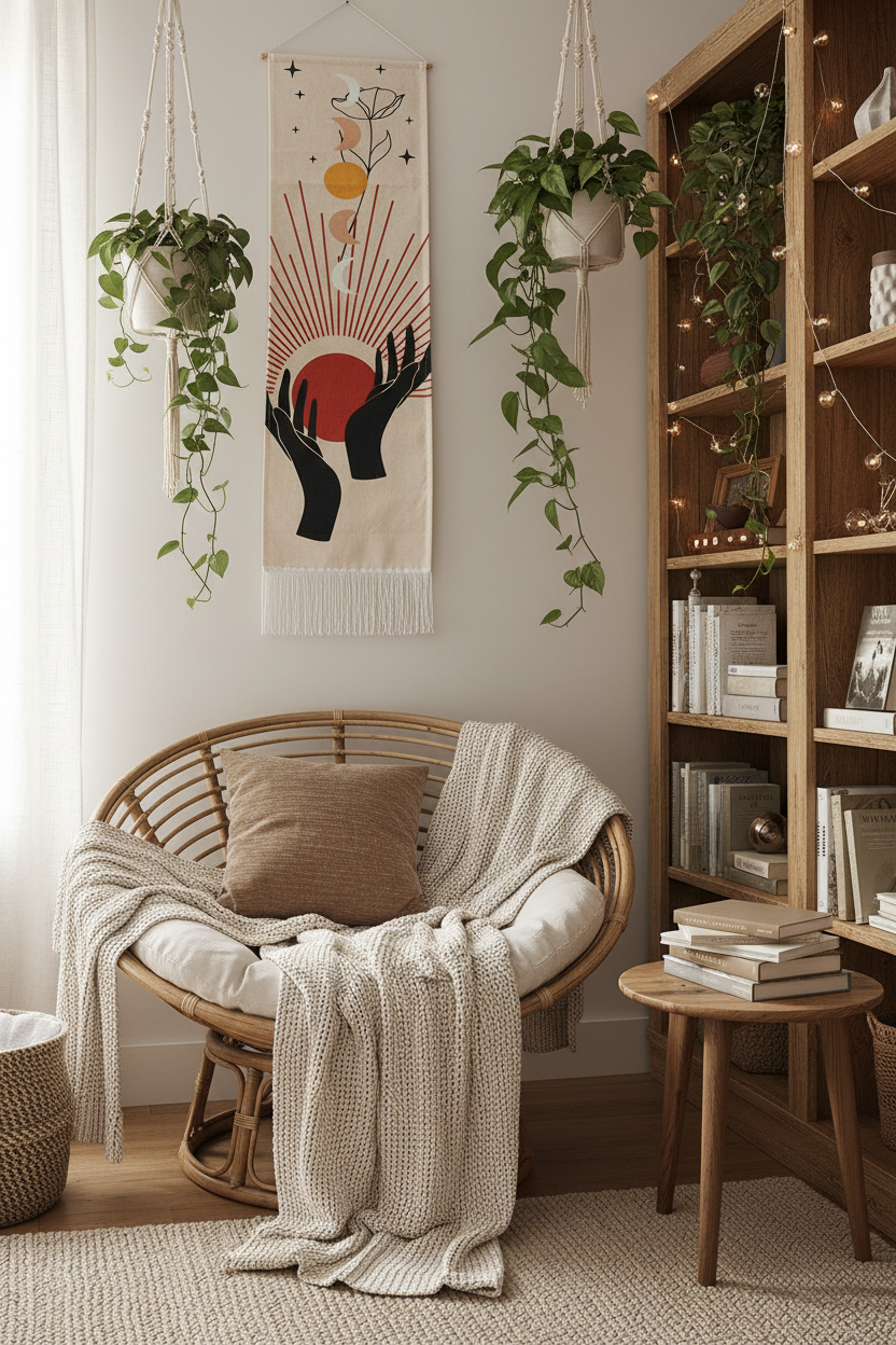 Arazzo mani e sole - angolo lettura boho rattan