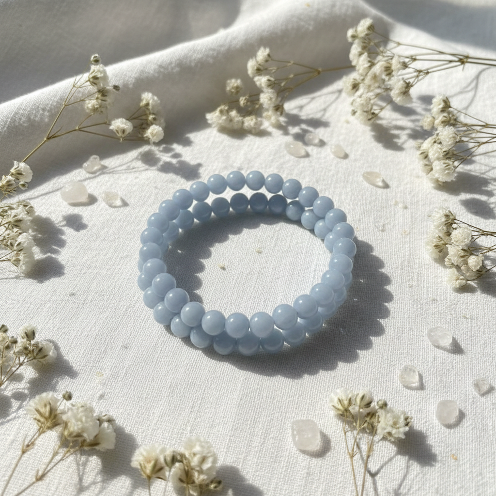 Bracciale angelite su lino con fiori bianchi e cristalli
