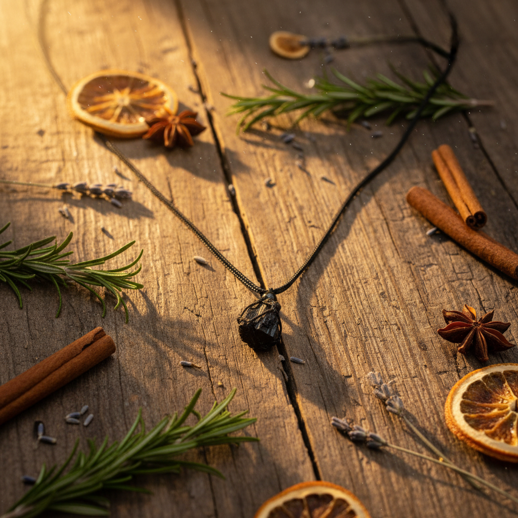 Collana Tormalina Nera Grezza - sfondo legno rustico