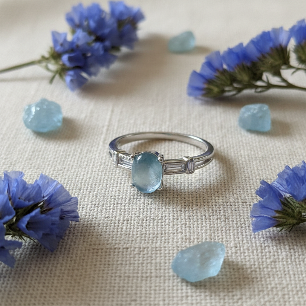 Anello acquamarina composizione fiori