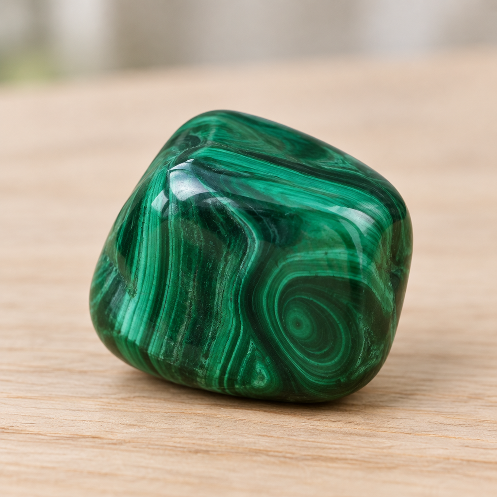 Malachite burattata su legno chiaro