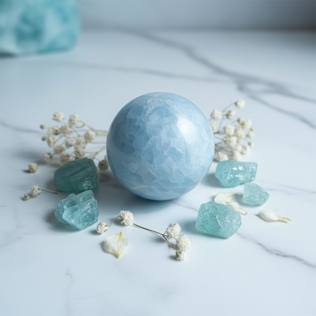 Sfera Calcite Blu su marmo con acquamarina e fiori