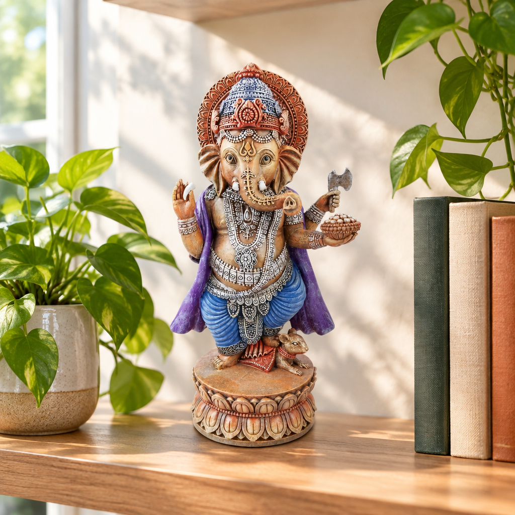 Statua di Ganesh in resina su mensola con piante e luce naturale