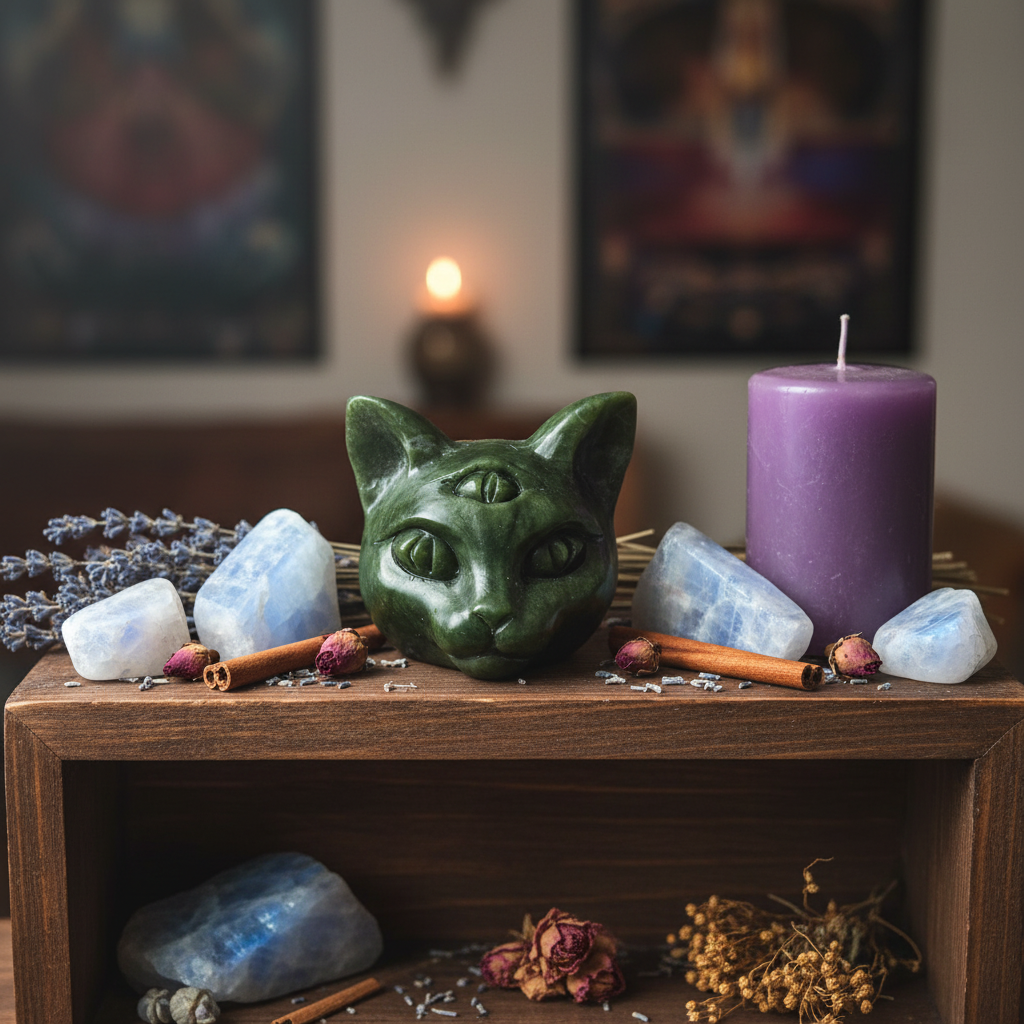 Testa di Gatto con Terzo Occhio - lifestyle altare con candela viola