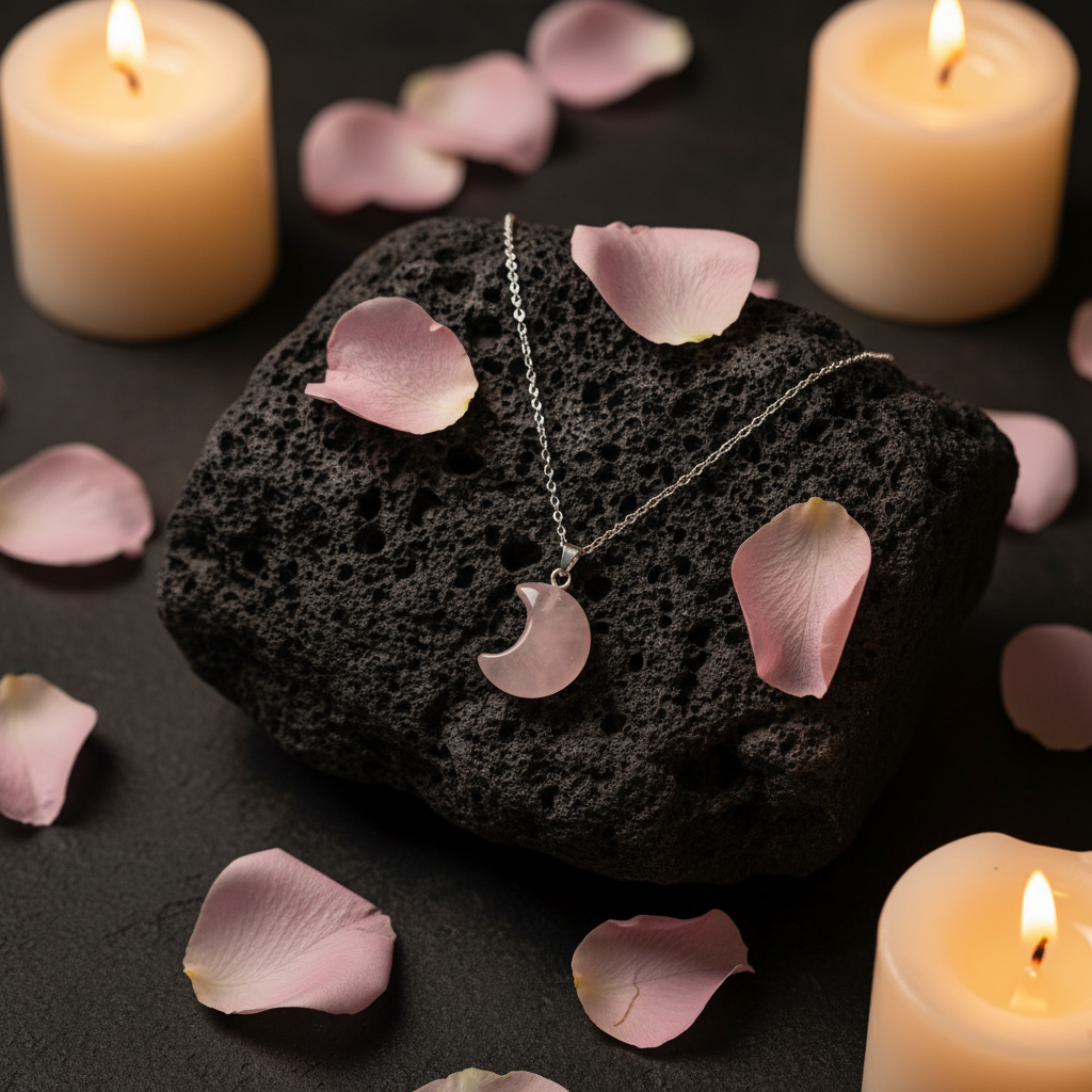 Collana Luna Quarzo Rosa - sfondo pietra vulcanica