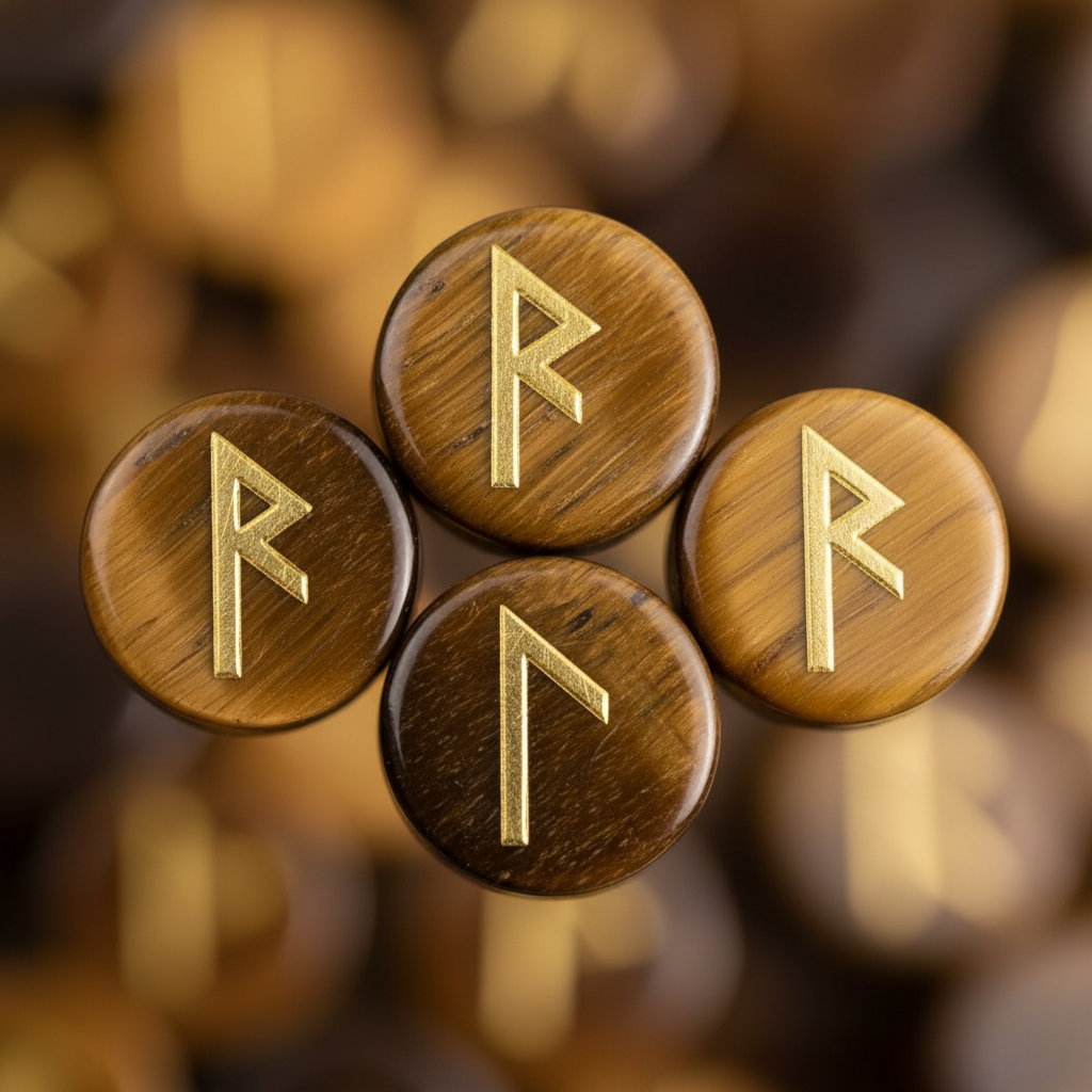 Macro close-up rune in occhio di tigre con chatoyance dorata e incisione Elder Futhark