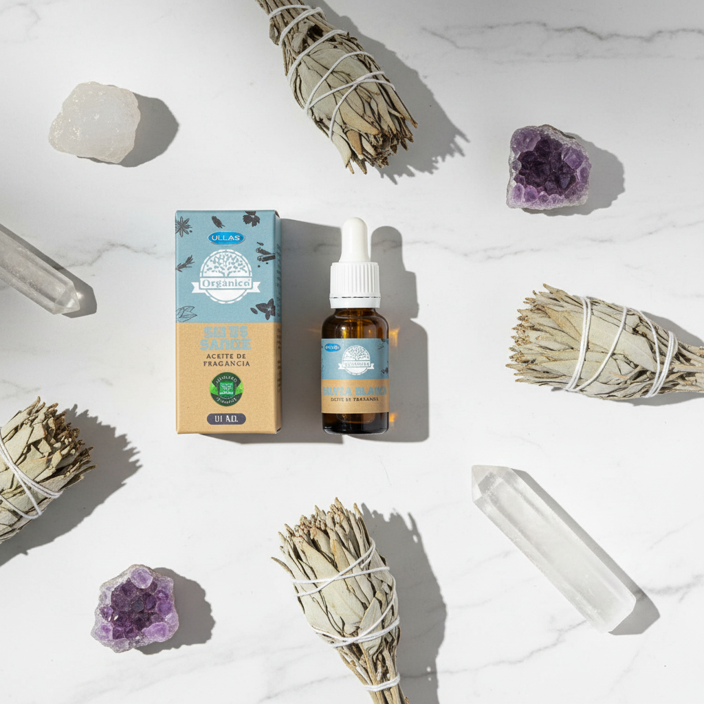 Olio salvia bianca Ullas - flatlay su marmo con salvia e cristalli