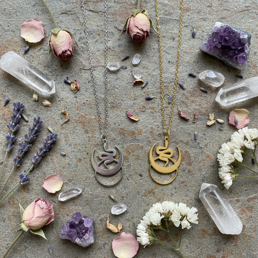 Collana Serpente e Luna - flat lay pietra naturale
