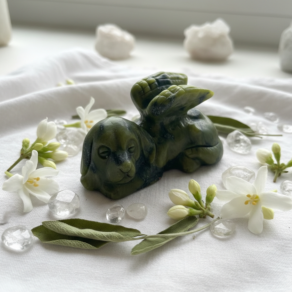 Cane Alato in Giada Verde - fiori e cristalli