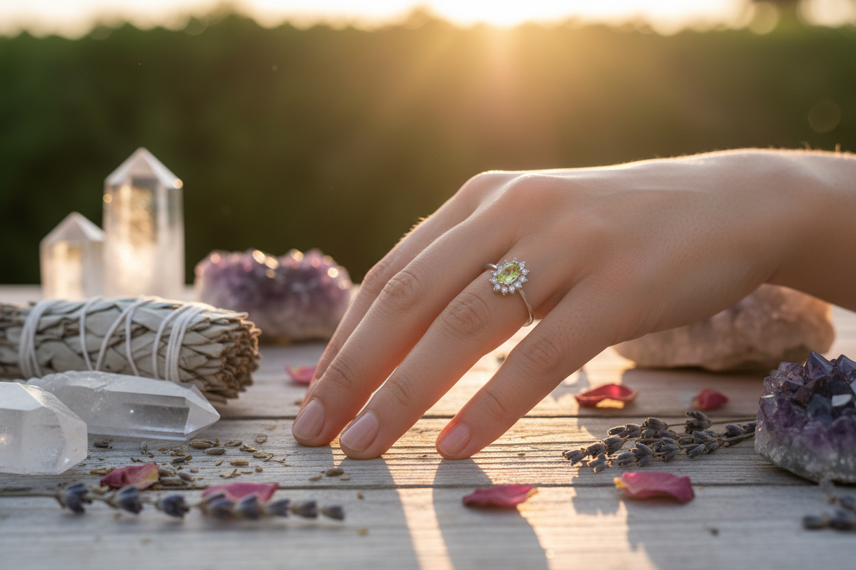 Anello peridoto zirconi indossato - stile spirituale