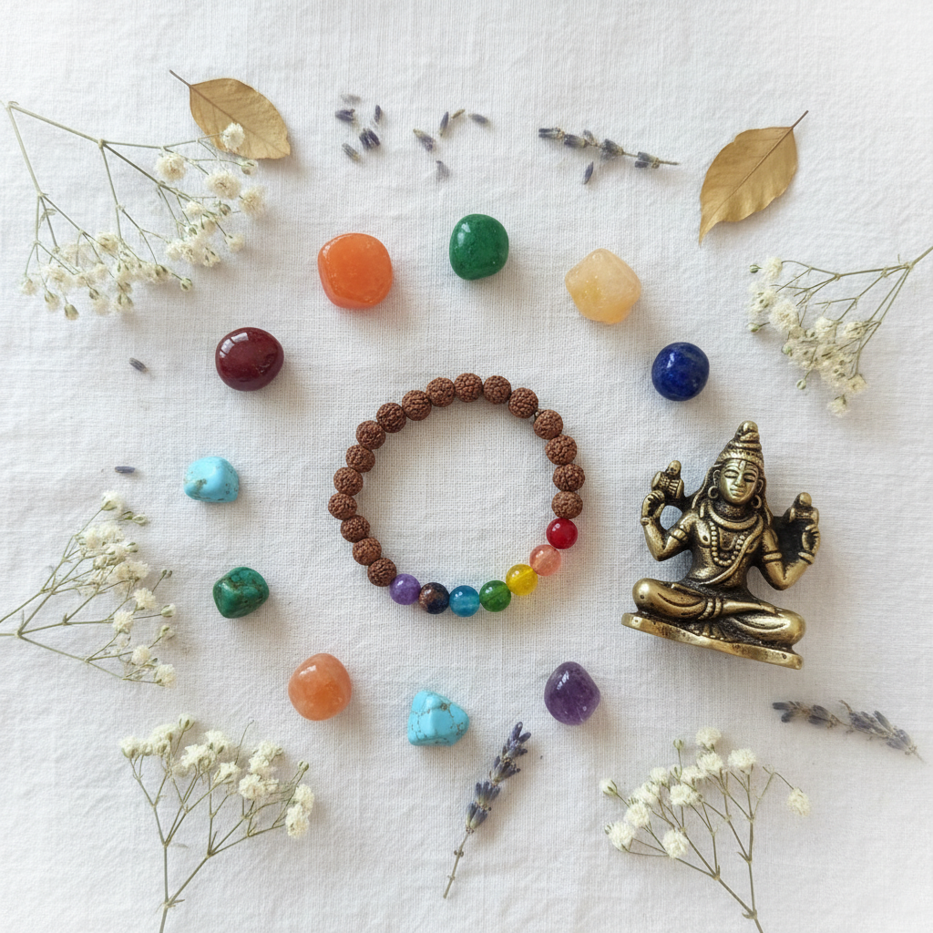 Bracciale Rudraksha flat lay con cristalli chakra e statua Shiva