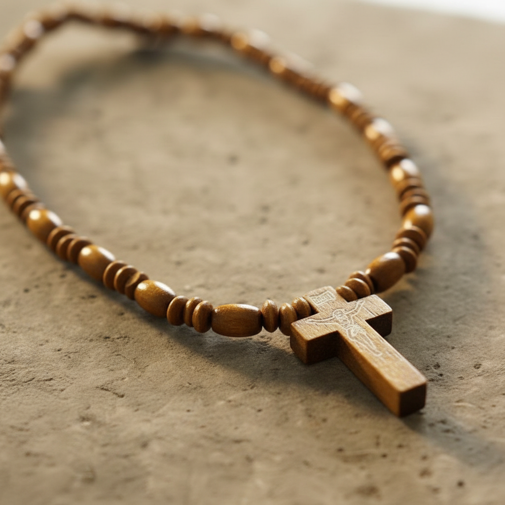Collana Rosario Elastica close-up perle legno