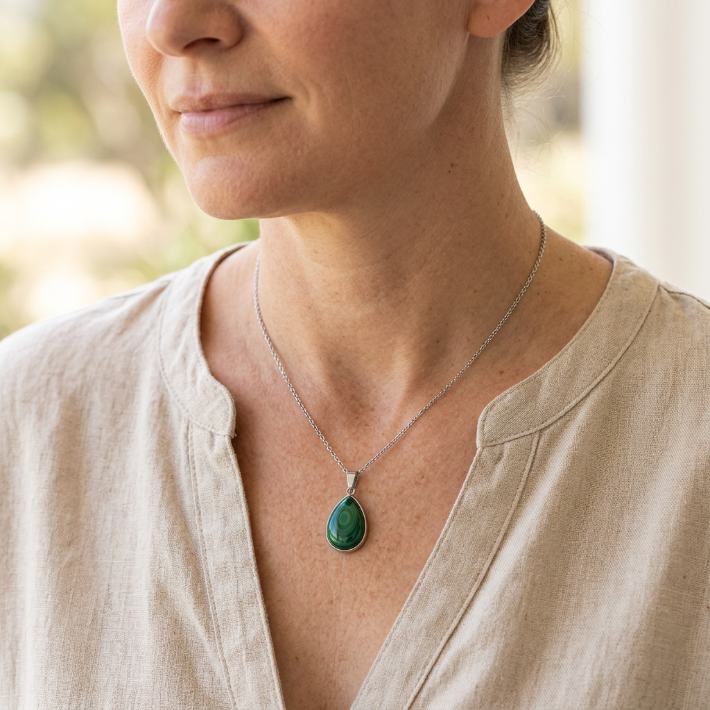 Collana in malachite indossata con camicia beige