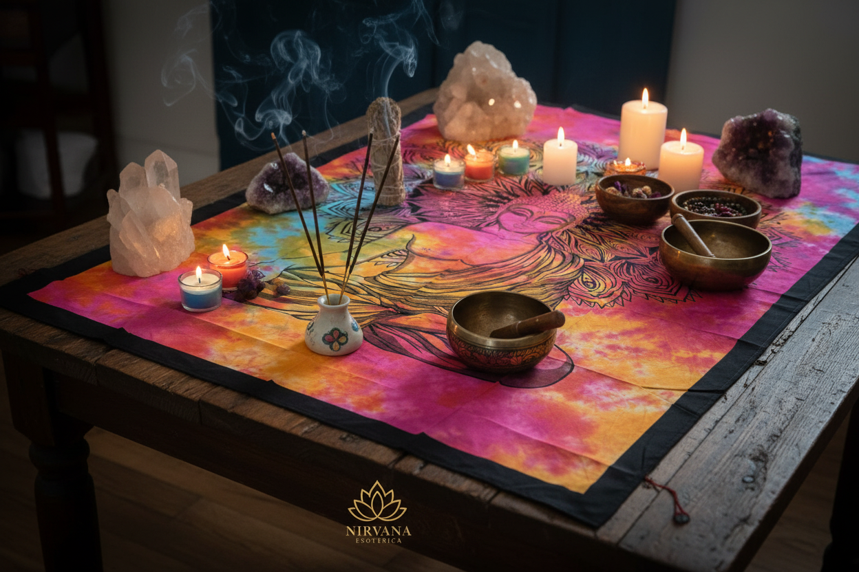 Telo Buddha mandala pavone come copritavolo altare