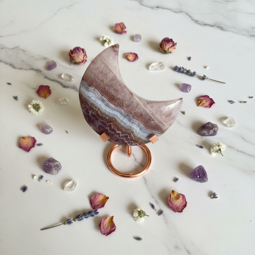 Luna in Ametista con Agata 14cm - flatlay su marmo