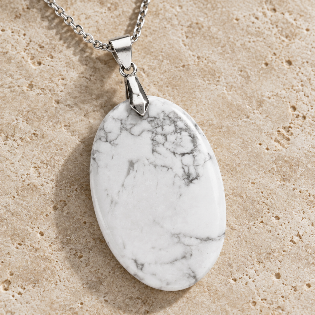 Dettaglio del ciondolo in howlite con collana