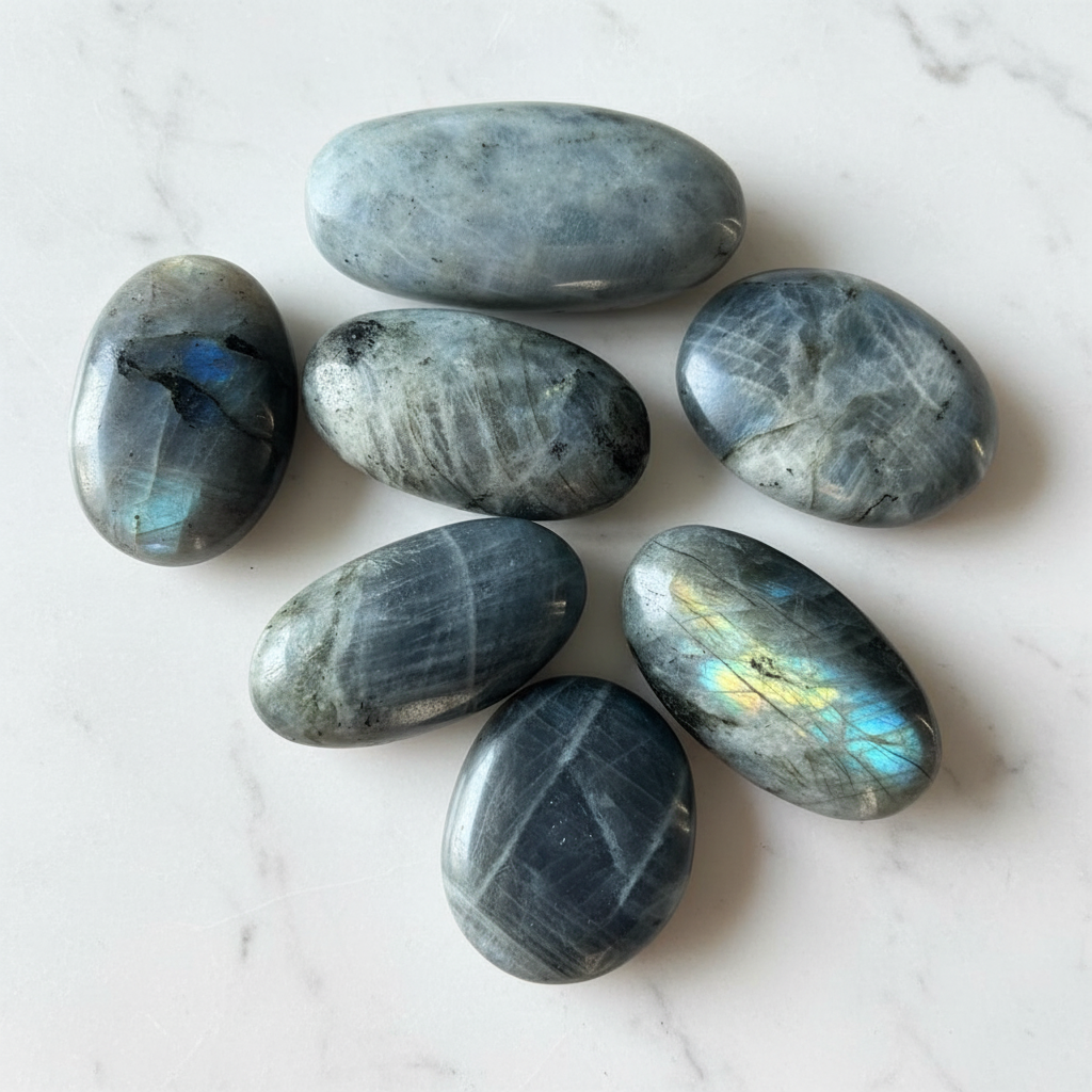 Palmstone labradorite chiara - flatlay su marmo