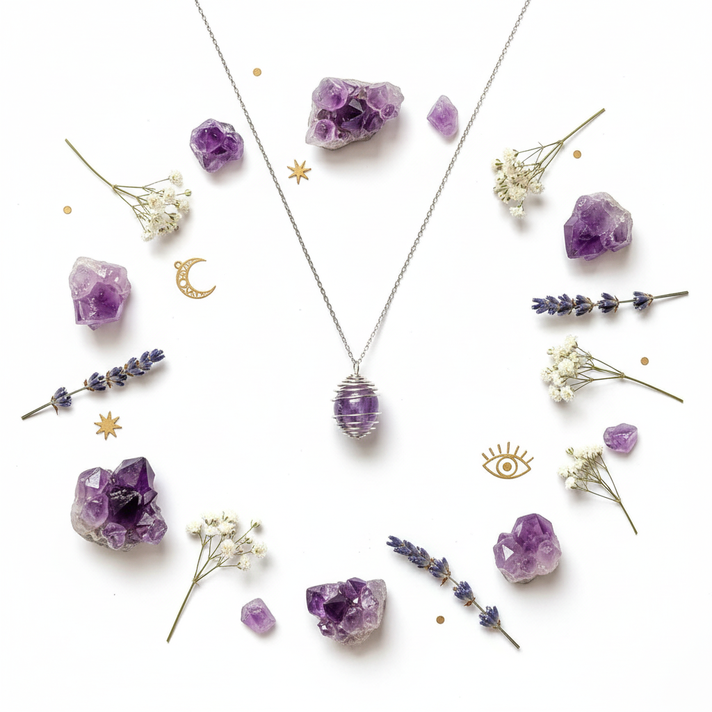 Flat lay Gabbia Ametista con lavanda