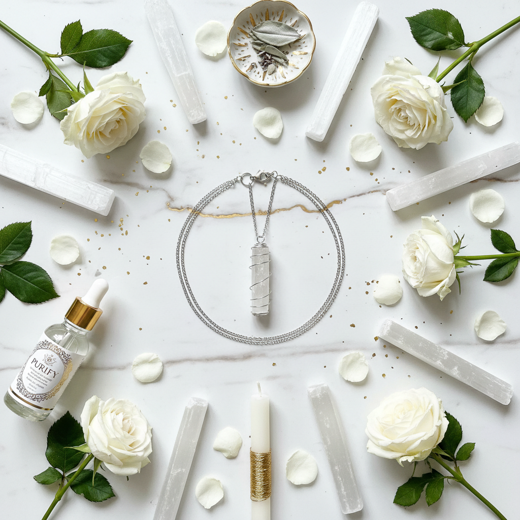 Flat lay purificazione Gabbia Selenite