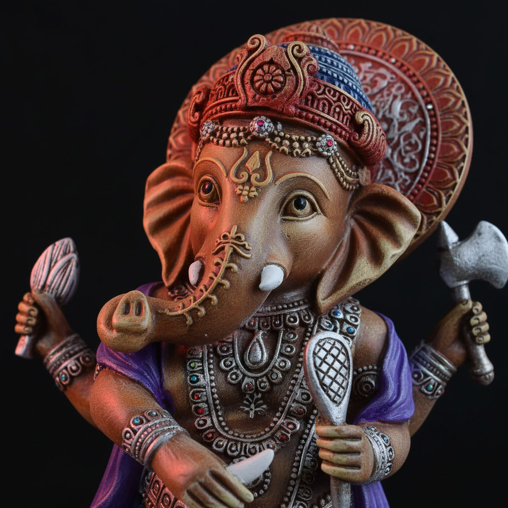 Macro dettaglio testa elefante turbante rosso e gioielli Ganesha