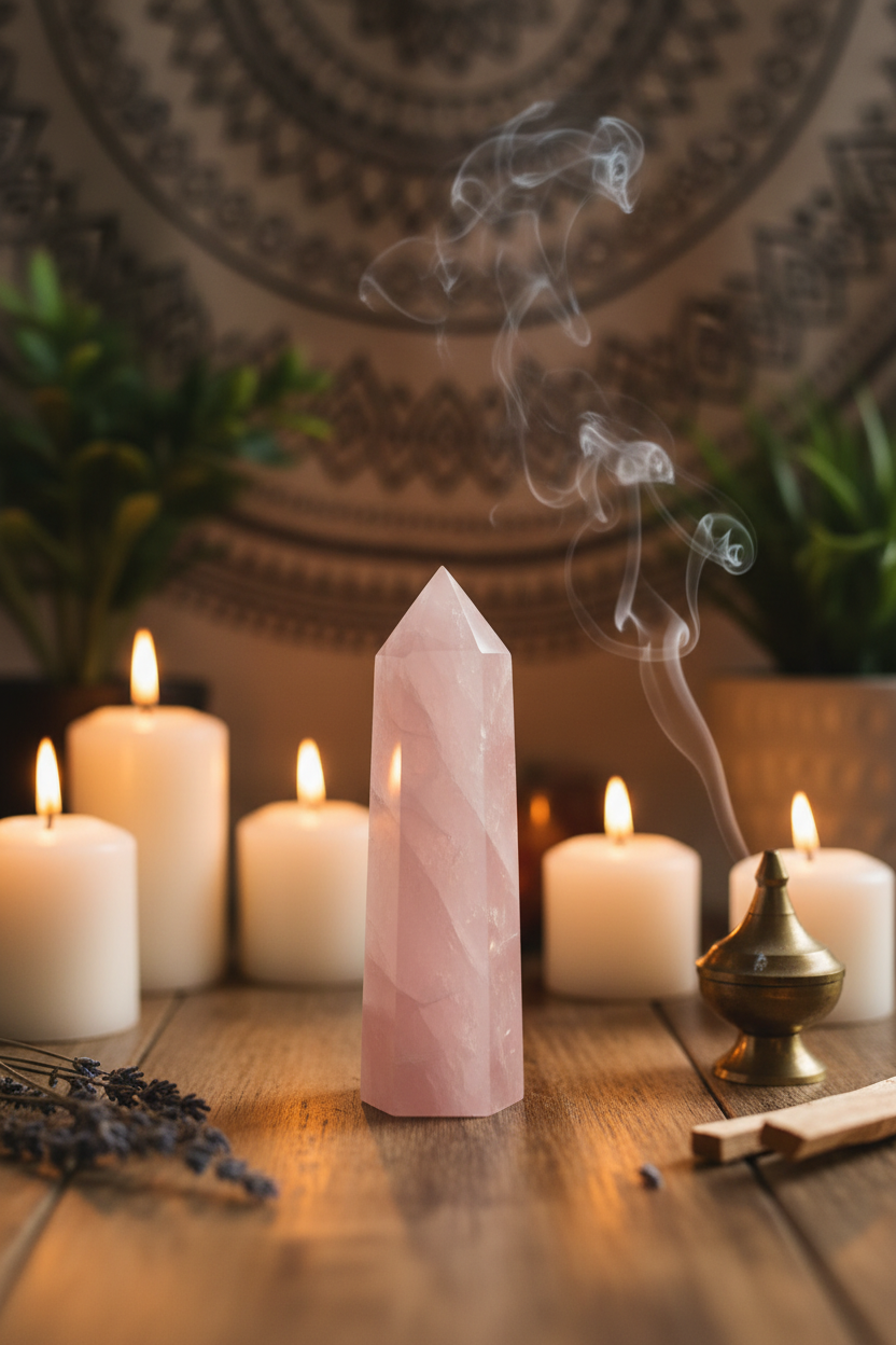 Obelisco quarzo rosa su altare sacro con candele