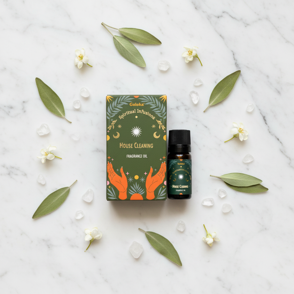 Flatlay su marmo bianco con salvia, cristalli e fiori bianchi