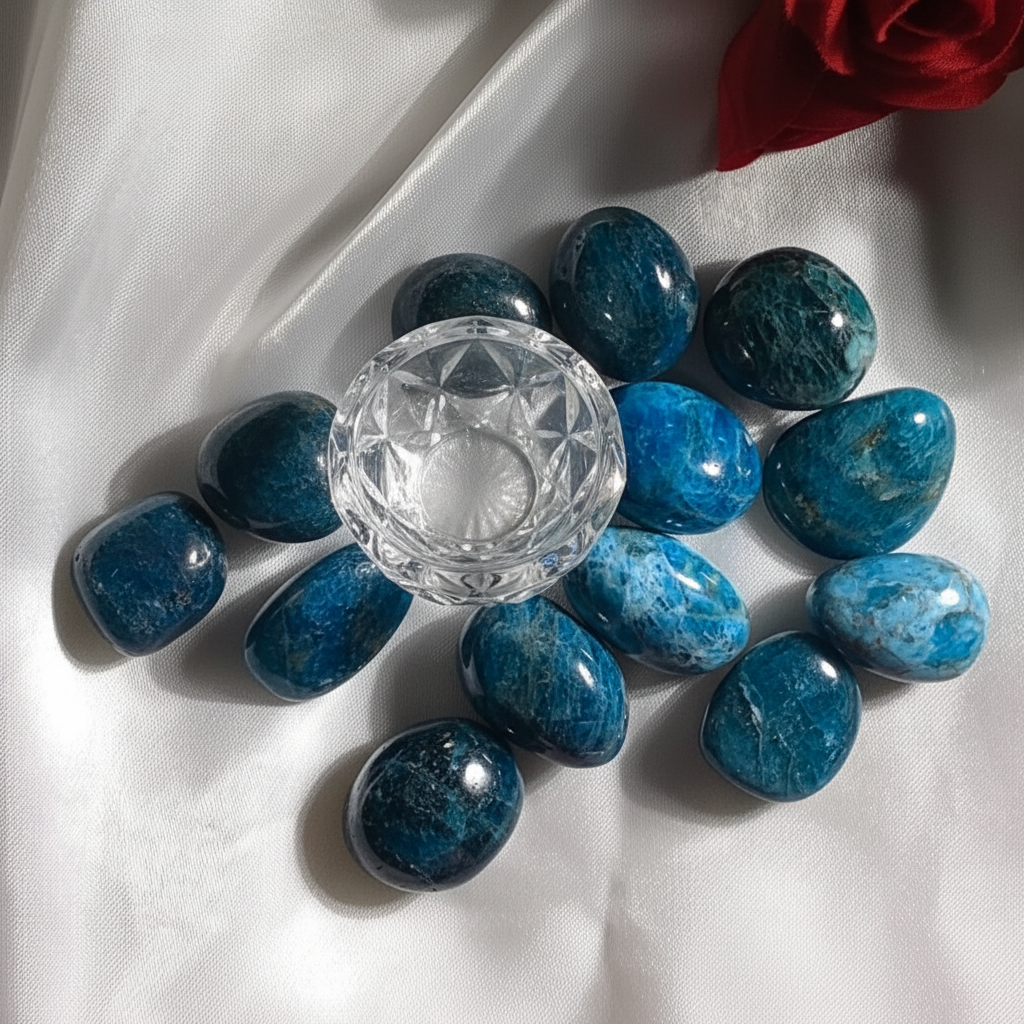 Apatite blu lifestyle con ciotola di cristallo su lino