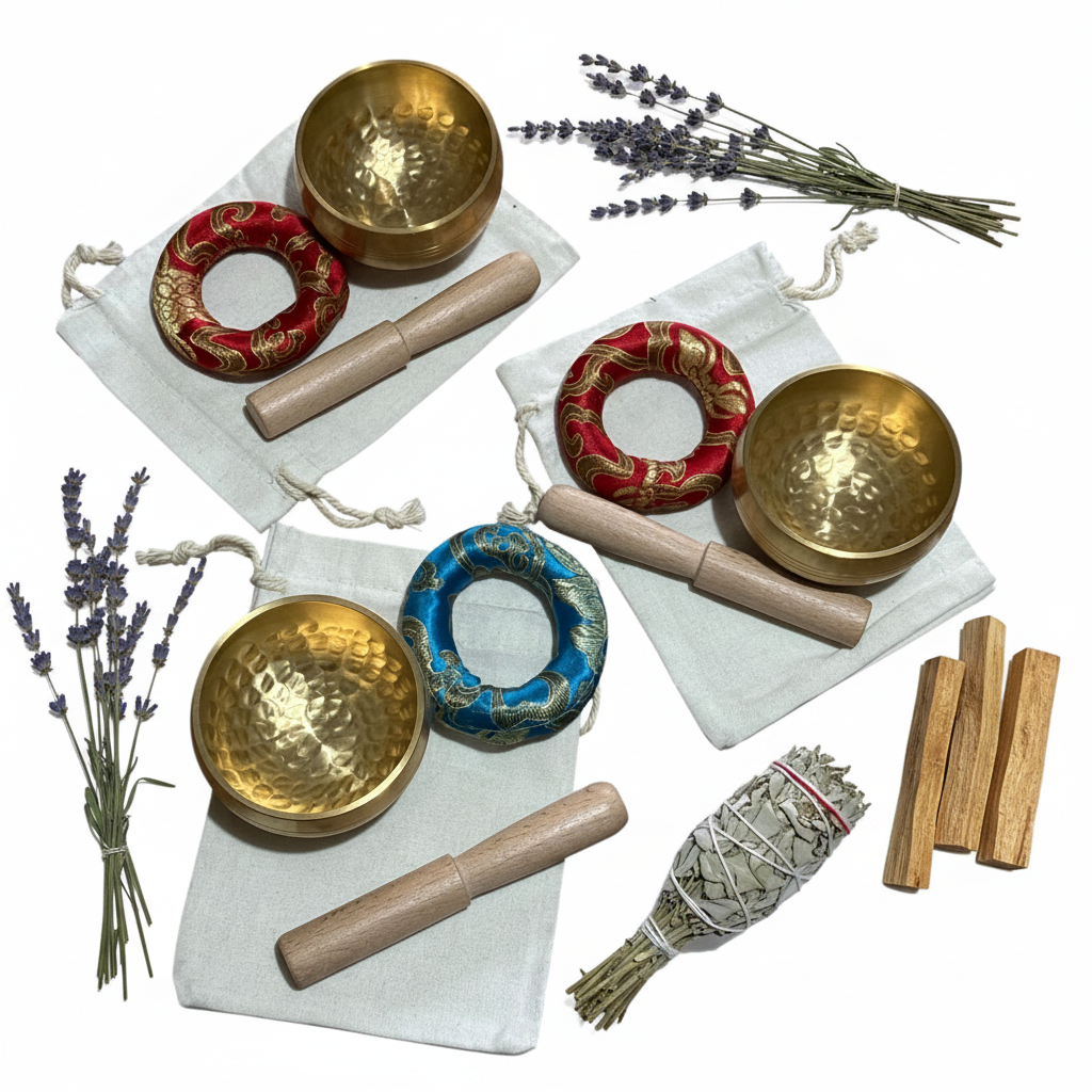 Campane tibetane con sacchetto - composizione con fiori secchi e salvia