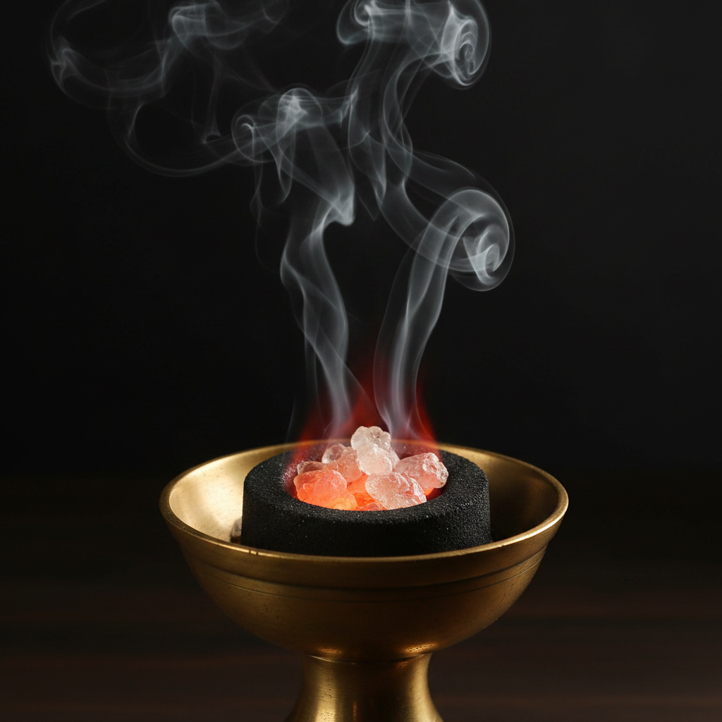 Carboni liturgici accesi con incenso e fumo bianco